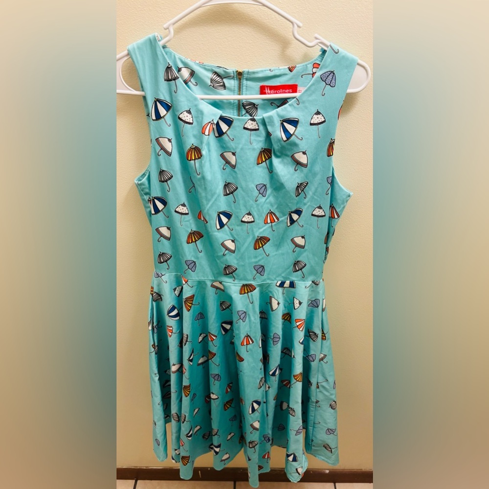 Blue Sleeveless Fit & Flare Dress with Umbrella Print